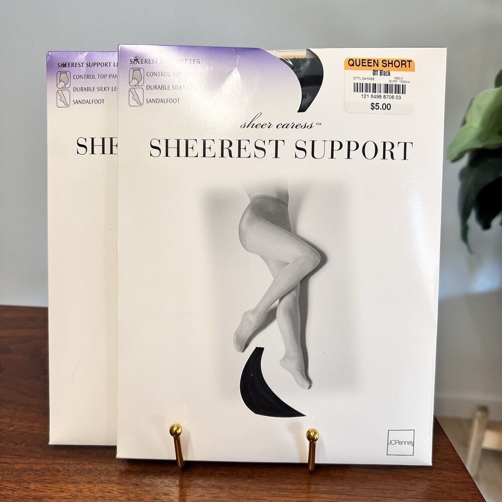 2 Vintage Sheer Caress Sheerest Support Queen Short Navy Off Black Pantyhose